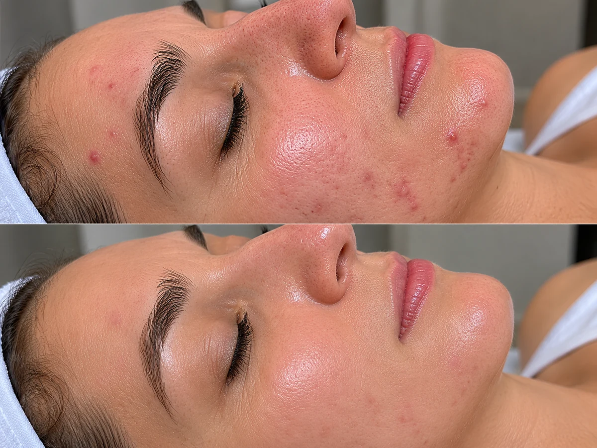 Echtes Vorher-Nachher-Ergebnis einer Hautbehandlung gegen Akne bei einer Kundin im Pretty WoMen Studio Berlin Wilmersdorf
